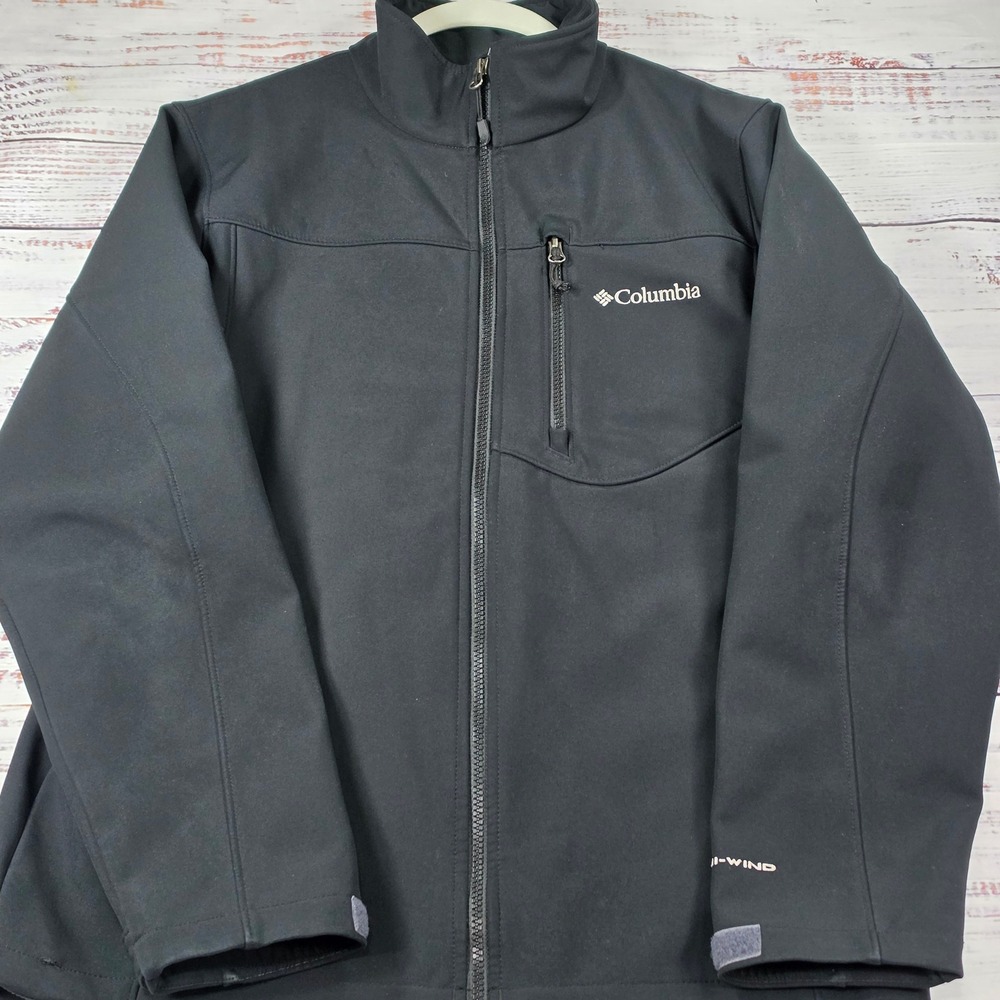 Columbia Softshell Jacket Mens Medium Black Good Omni-Wind Fleece Lined Full Zip